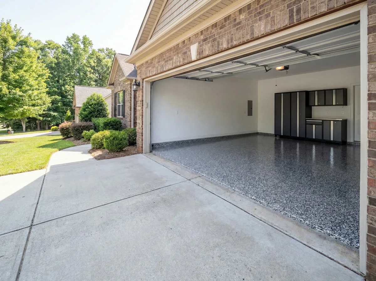 Driveway view looking into coated garage — Patriot Poly Coatings, Greenville SC