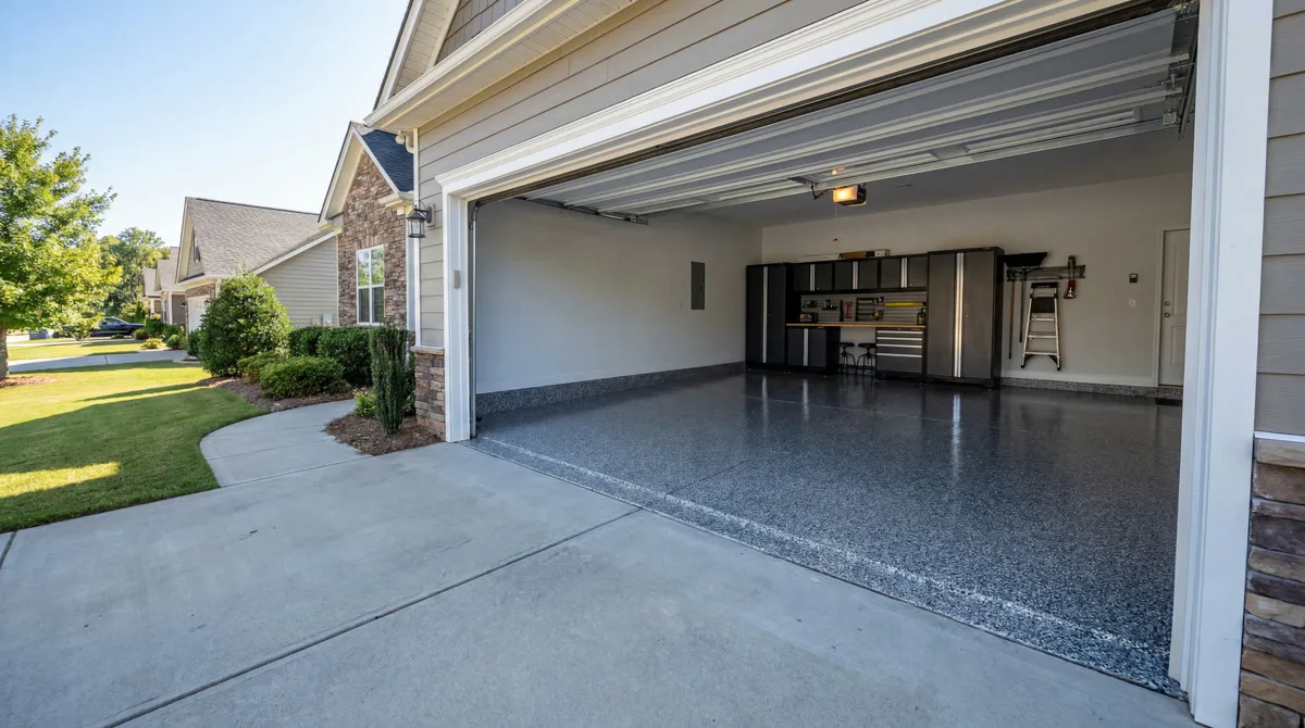 Wide exterior view of open garage with polyaspartic floor — Patriot Poly Coatings